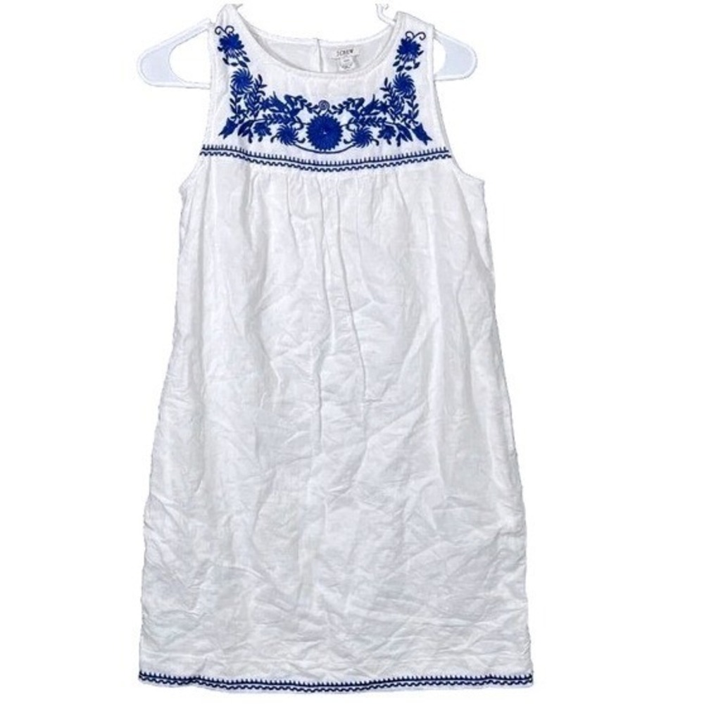 J.Crew Embroidered Linen Cotton Shift Dress Womens XXS White‎ Blue Sleeveless